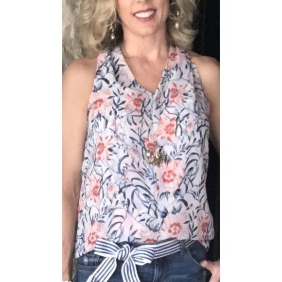 CAbi Stem Floral Sleeveless Top Blouse Blue Red Size Medium - Picture 10 of 15